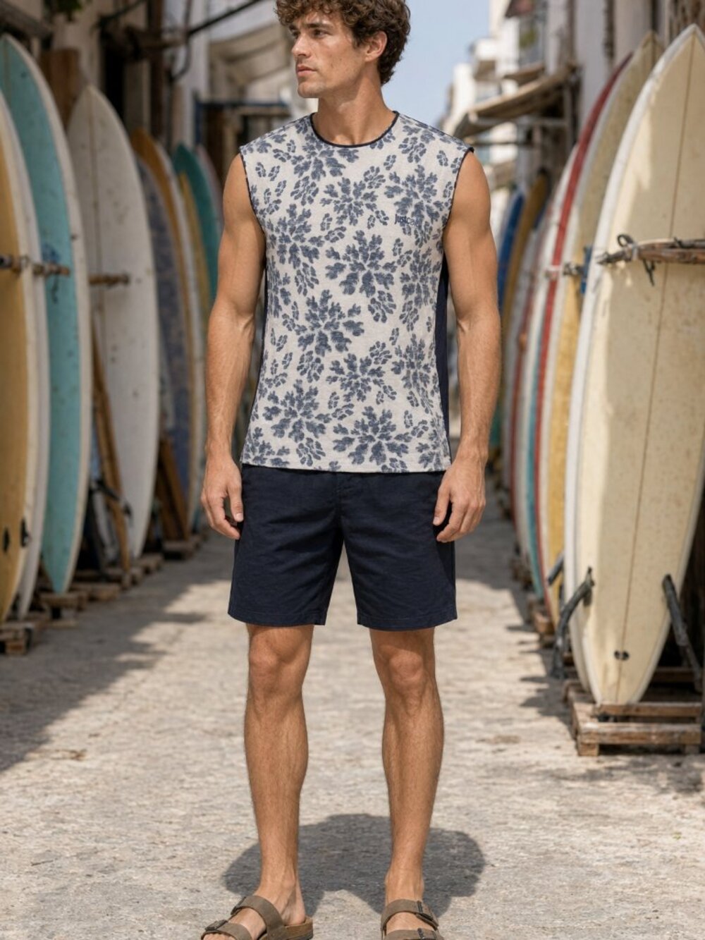 Just Cavalli Men Blue White Floral Sleeveless Muscle Beach Tee Cotton Tank US XS